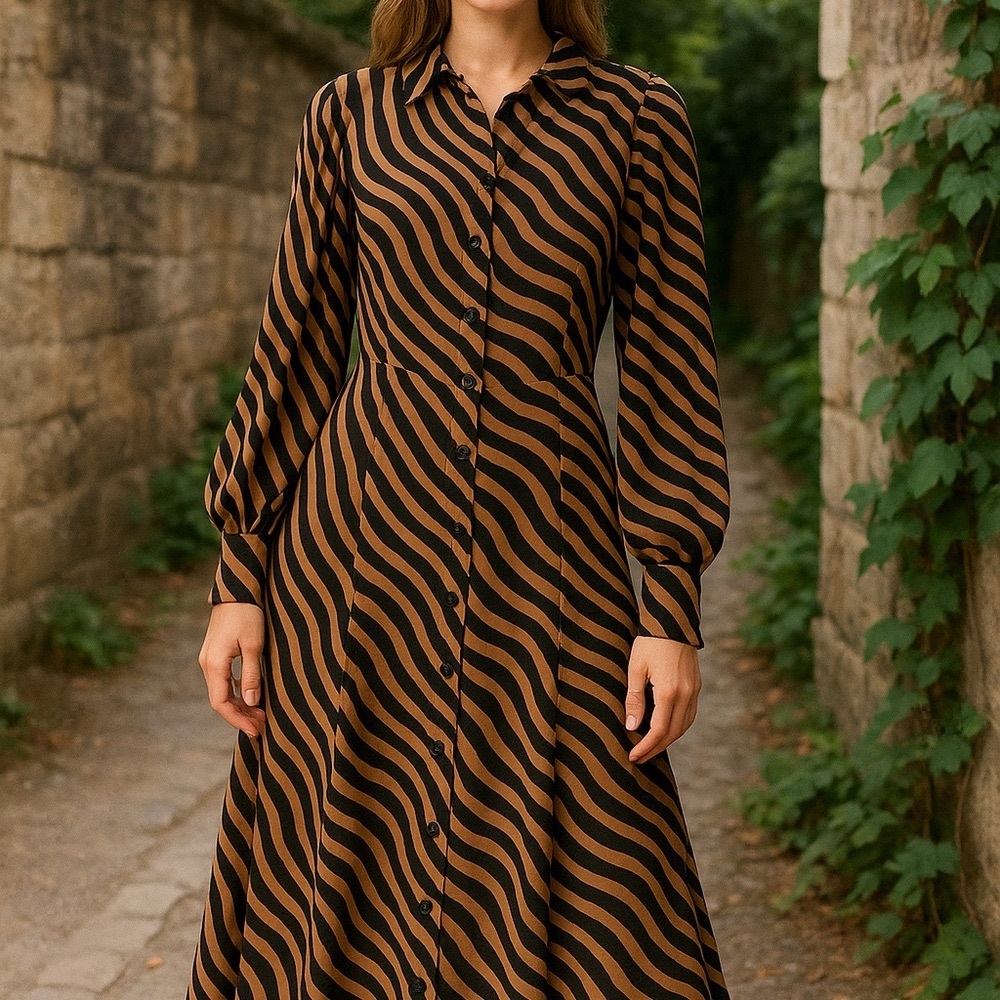 Ever New Black and Brown A-Line Dress with Bishop Sleeves